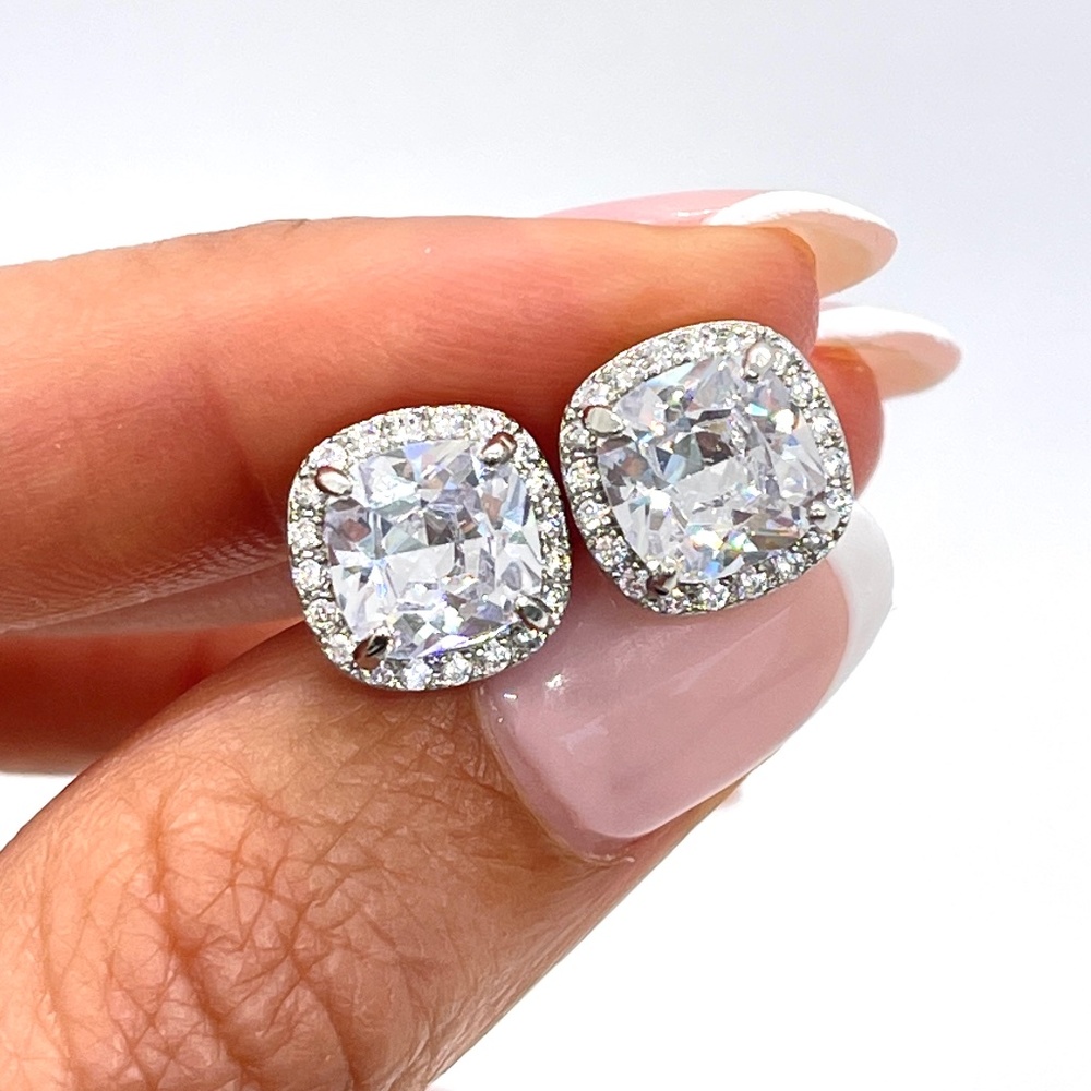 White Princess 18K White Gold Dipped White Topaz Cushion Stud Earrings